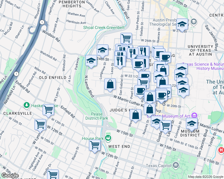 map of restaurants, bars, coffee shops, grocery stores, and more near 1915 Robbins Place in Austin