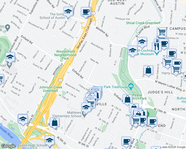 map of restaurants, bars, coffee shops, grocery stores, and more near 1700 Woodlawn Boulevard in Austin