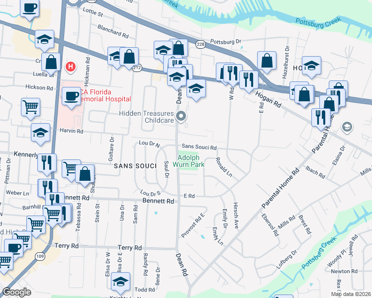 map of restaurants, bars, coffee shops, grocery stores, and more near 6741 Sans Souci Road in Jacksonville