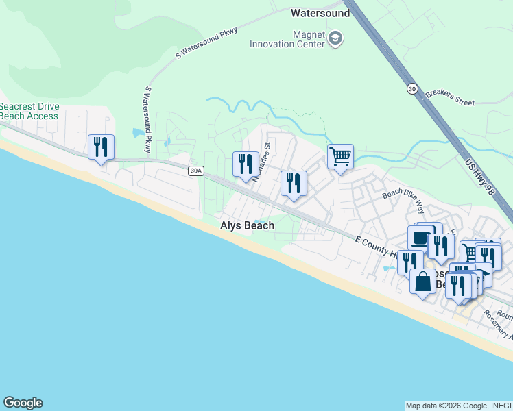 map of restaurants, bars, coffee shops, grocery stores, and more near 29 Somerset Street in Alys Beach