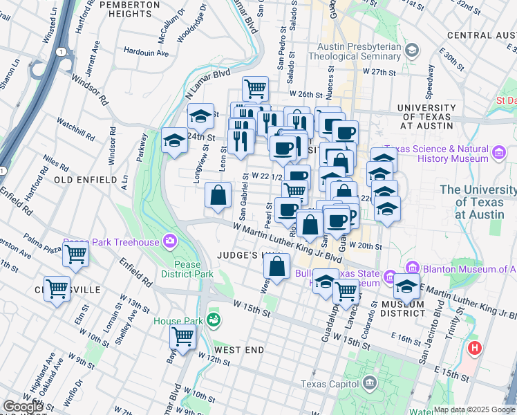 map of restaurants, bars, coffee shops, grocery stores, and more near 911 West 21st Street in Austin