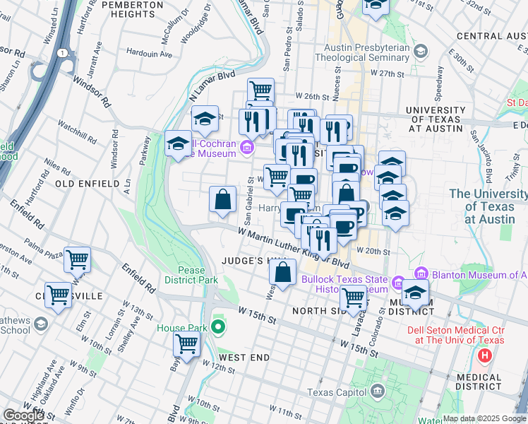 map of restaurants, bars, coffee shops, grocery stores, and more near 911 West 21st Street in Austin