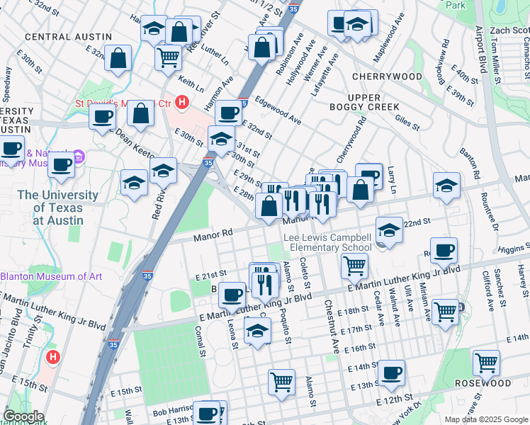 map of restaurants, bars, coffee shops, grocery stores, and more near 2800 French Place in Austin