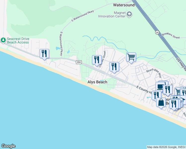 map of restaurants, bars, coffee shops, grocery stores, and more near 147 West La Garza Lane in Panama City Beach