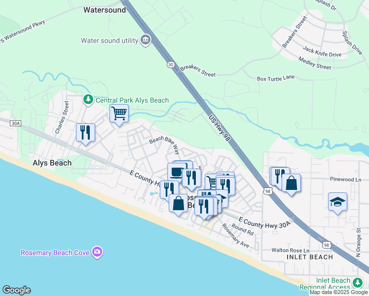 map of restaurants, bars, coffee shops, grocery stores, and more near 0 Lifeguard Loop West in Panama City Beach