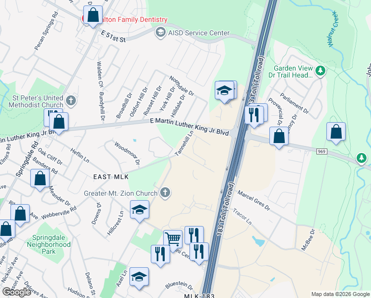 map of restaurants, bars, coffee shops, grocery stores, and more near 4600-4784 Tannehill Lane in Austin