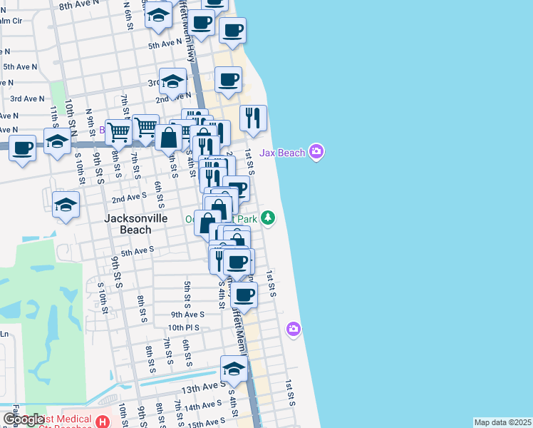 map of restaurants, bars, coffee shops, grocery stores, and more near 349 1st Street South in Jacksonville Beach