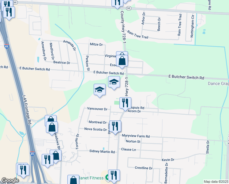 map of restaurants, bars, coffee shops, grocery stores, and more near 4201 Moss Street in Lafayette