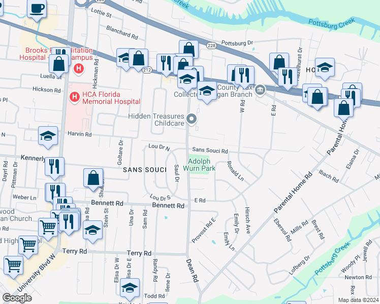 map of restaurants, bars, coffee shops, grocery stores, and more near 6704 Sans Souci Road in Jacksonville