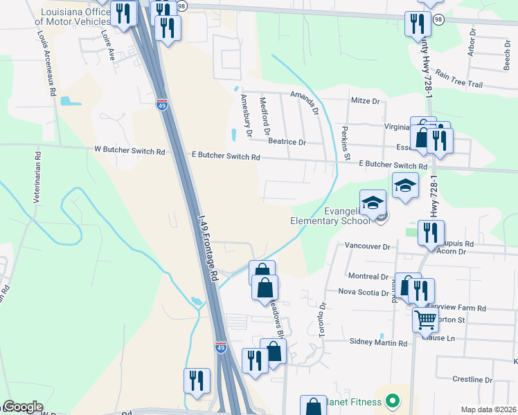 map of restaurants, bars, coffee shops, grocery stores, and more near 200 East Butcher Switch Road in Lafayette