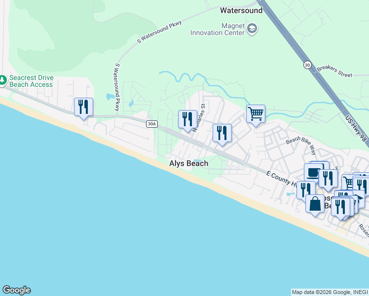 map of restaurants, bars, coffee shops, grocery stores, and more near 147 West La Garza Lane in Panama City Beach