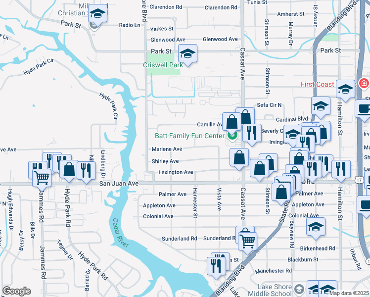 map of restaurants, bars, coffee shops, grocery stores, and more near 5229 Marlene Avenue in Jacksonville