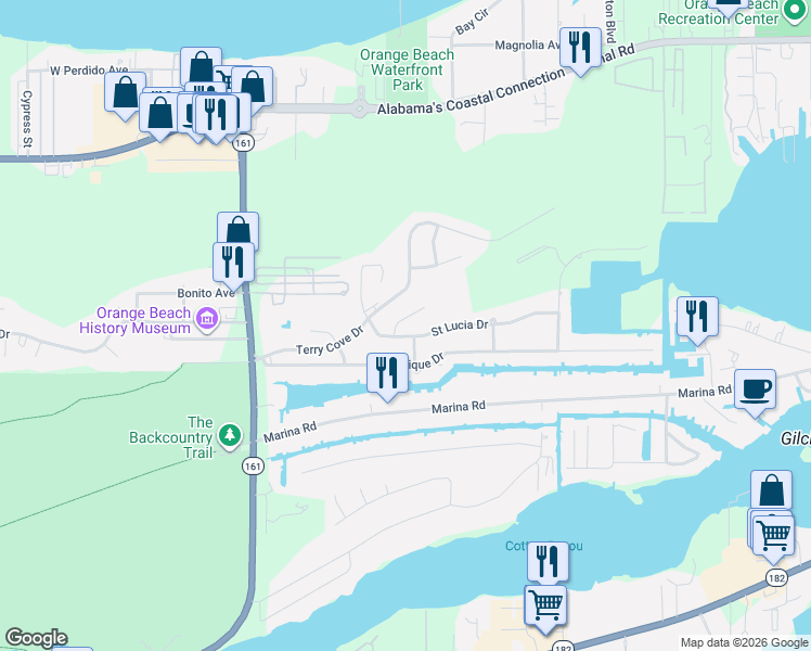map of restaurants, bars, coffee shops, grocery stores, and more near 4210-4212 Antigua Court in Orange Beach