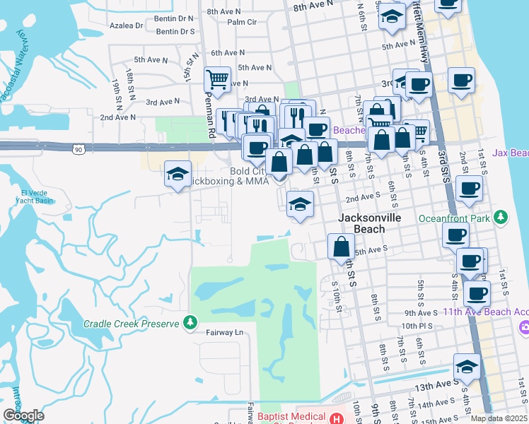 map of restaurants, bars, coffee shops, grocery stores, and more near Unnamed Road in Jacksonville Beach
