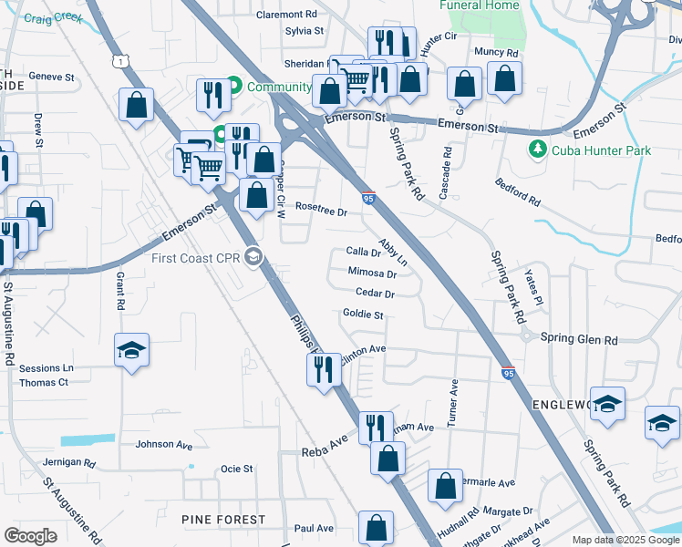 map of restaurants, bars, coffee shops, grocery stores, and more near 3614 Mimosa Drive in Jacksonville