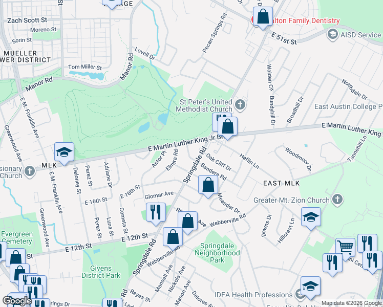map of restaurants, bars, coffee shops, grocery stores, and more near 1802 Overhill Drive in Austin