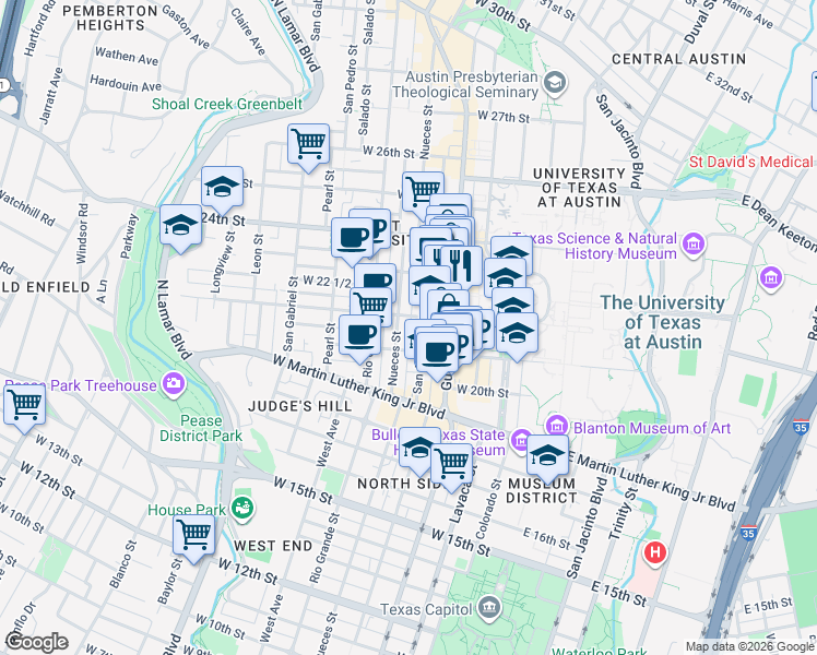 map of restaurants, bars, coffee shops, grocery stores, and more near 405 West 22nd Street in Austin