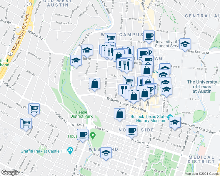 map of restaurants, bars, coffee shops, grocery stores, and more near 908 West 21st Street in Austin