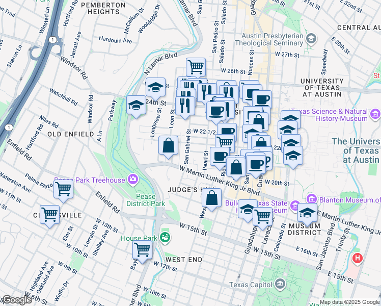 map of restaurants, bars, coffee shops, grocery stores, and more near 908 West 21st Street in Austin