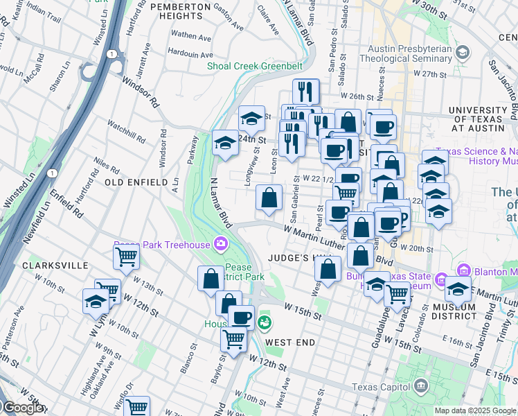 map of restaurants, bars, coffee shops, grocery stores, and more near 1913 David Street in Austin