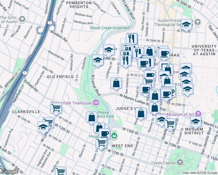 map of restaurants, bars, coffee shops, grocery stores, and more near 1913 David Street in Austin