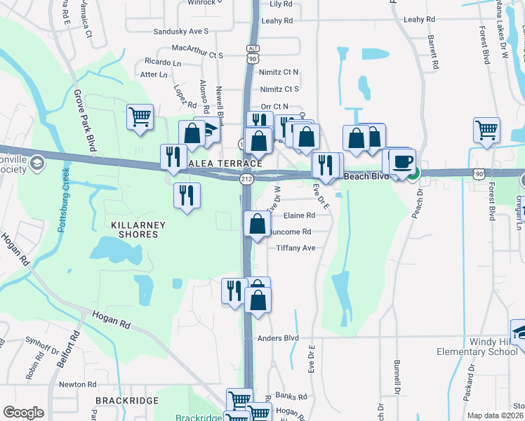 map of restaurants, bars, coffee shops, grocery stores, and more near 3360 Eve Drive West in Jacksonville