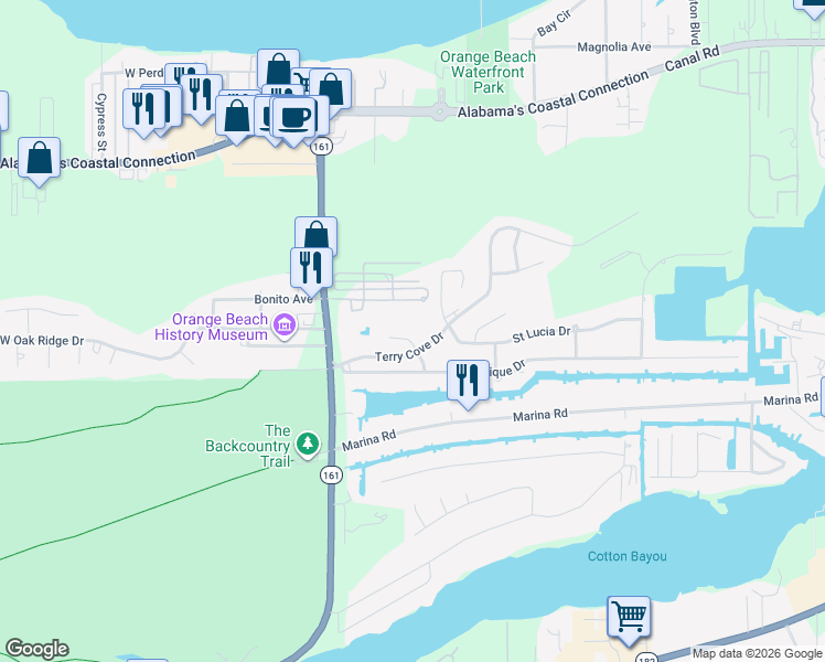 map of restaurants, bars, coffee shops, grocery stores, and more near 4105 Martinique Ct in Orange Beach