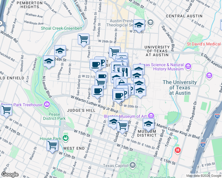 map of restaurants, bars, coffee shops, grocery stores, and more near 505 West 22nd Street in Austin