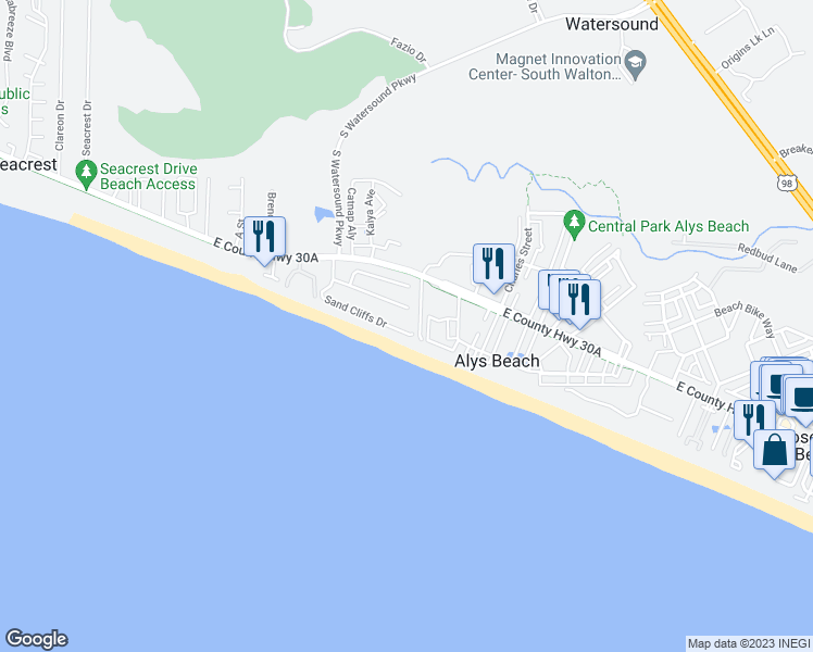 map of restaurants, bars, coffee shops, grocery stores, and more near 321 Sand Cliffs Drive in Seacrest