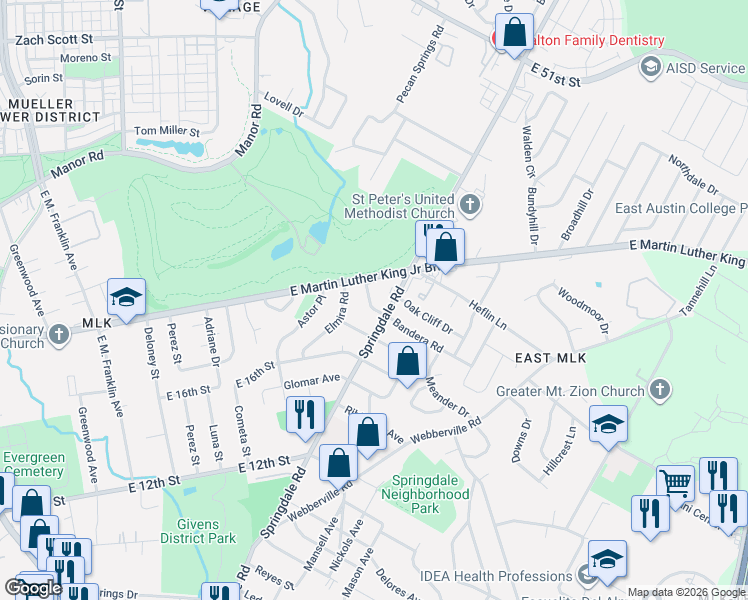 map of restaurants, bars, coffee shops, grocery stores, and more near 1802 Overhill Drive in Austin
