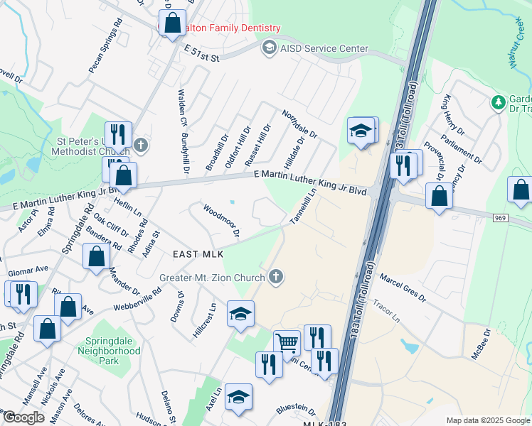map of restaurants, bars, coffee shops, grocery stores, and more near 1952 Webberville Road in Austin