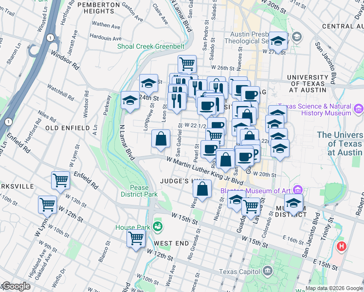 map of restaurants, bars, coffee shops, grocery stores, and more near 908 West 21st Street in Austin
