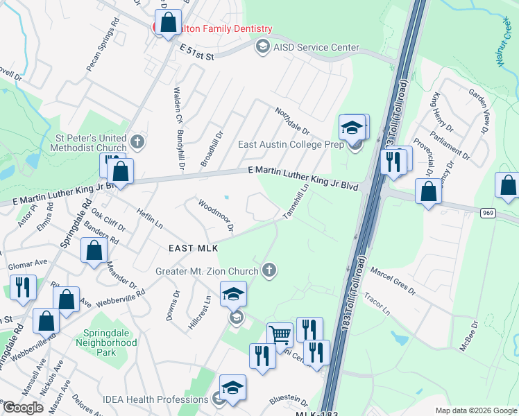 map of restaurants, bars, coffee shops, grocery stores, and more near 1950 Webberville Road in Austin