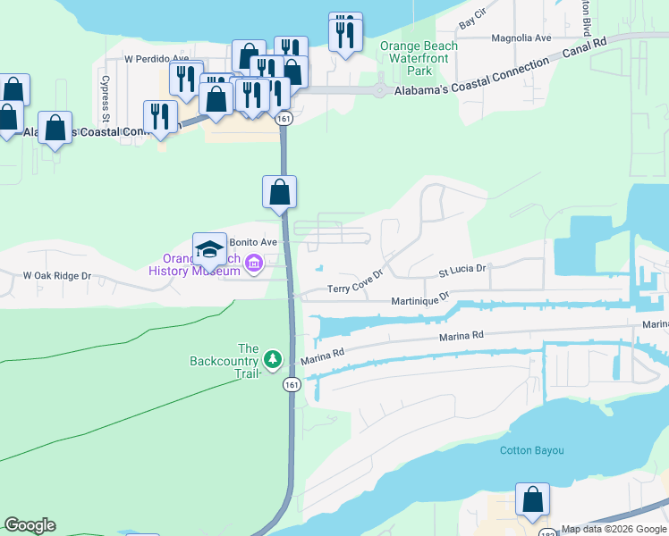 map of restaurants, bars, coffee shops, grocery stores, and more near 4008 Martinique Court in Orange Beach