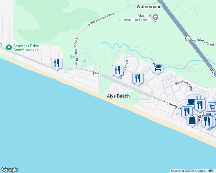 map of restaurants, bars, coffee shops, grocery stores, and more near 202 Walton Buena Vista Drive in Seacrest