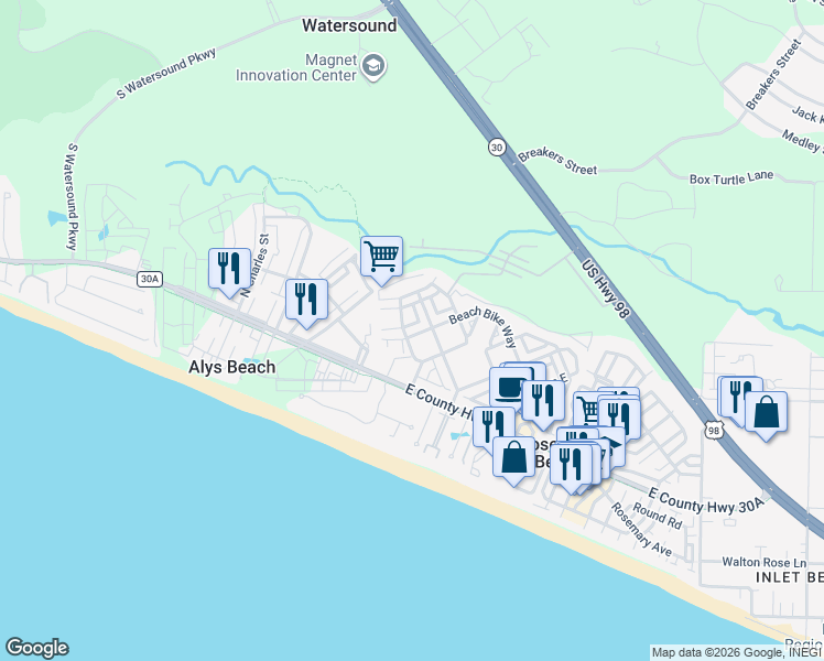map of restaurants, bars, coffee shops, grocery stores, and more near 54 Surfer Lane in Rosemary Beach