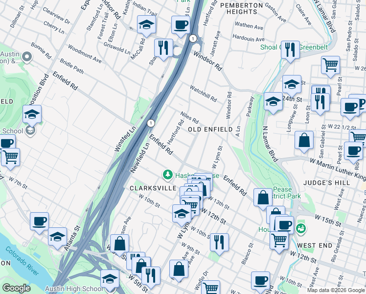 map of restaurants, bars, coffee shops, grocery stores, and more near 1713 Summit View Place in Austin