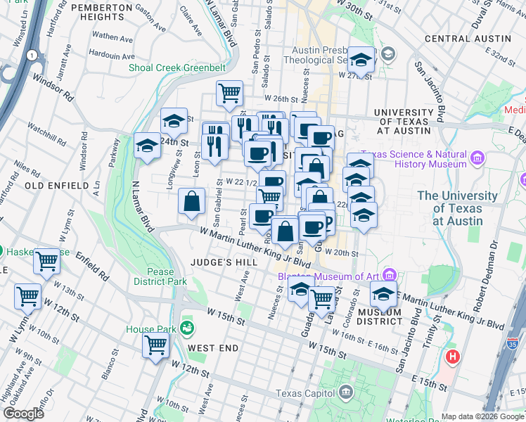 map of restaurants, bars, coffee shops, grocery stores, and more near 709 1/2 West 22nd Street in Austin