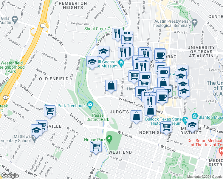 map of restaurants, bars, coffee shops, grocery stores, and more near 1906 Robbins Place in Austin
