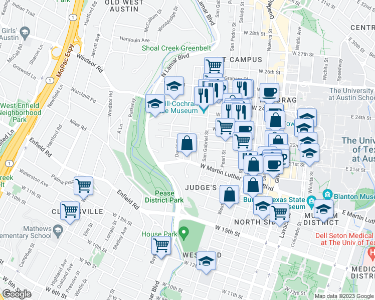 map of restaurants, bars, coffee shops, grocery stores, and more near 1915 Robbins Place in Austin