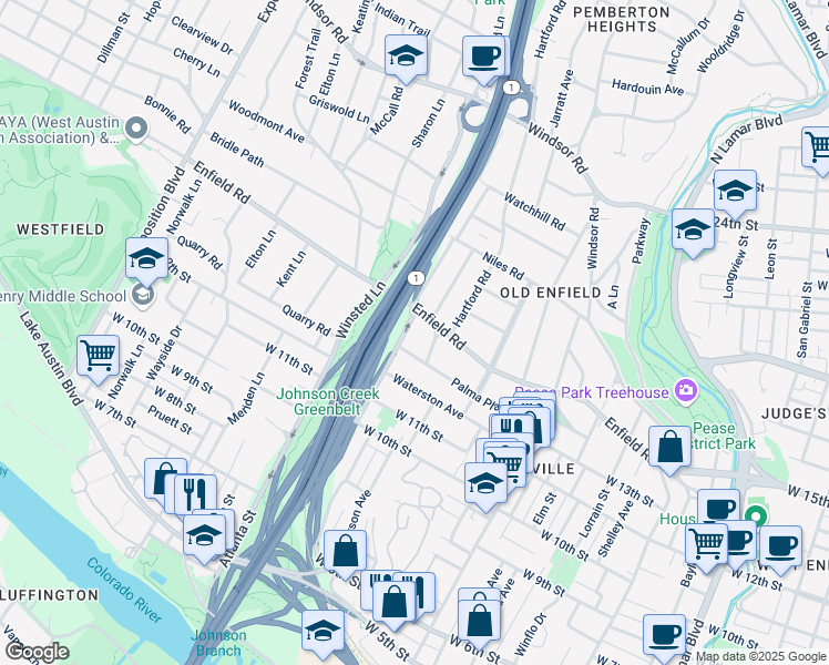 map of restaurants, bars, coffee shops, grocery stores, and more near 1409 Newfield Lane in Austin