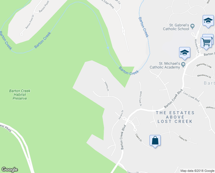 map of restaurants, bars, coffee shops, grocery stores, and more near Veletta Place in Austin