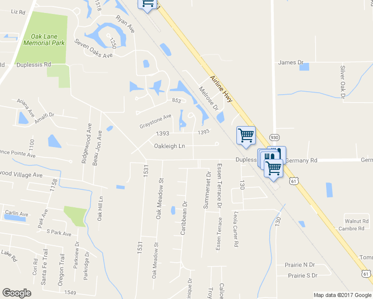 map of restaurants, bars, coffee shops, grocery stores, and more near 38361 Oakleigh Ln in Ascension