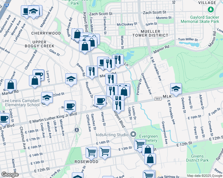 map of restaurants, bars, coffee shops, grocery stores, and more near 2039 Airport Boulevard in Austin