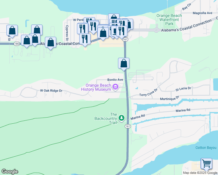 map of restaurants, bars, coffee shops, grocery stores, and more near 25890 West Oak Ridge Drive in Orange Beach