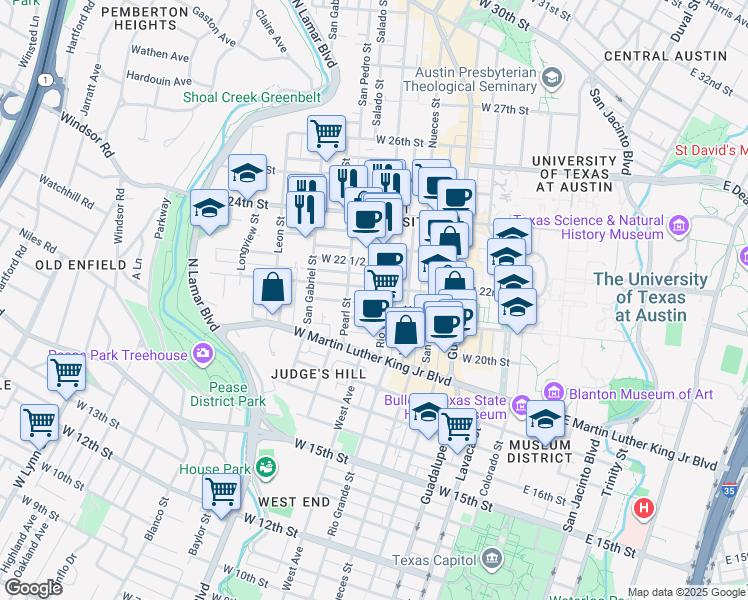 map of restaurants, bars, coffee shops, grocery stores, and more near 709 1/2 West 22nd Street in Austin