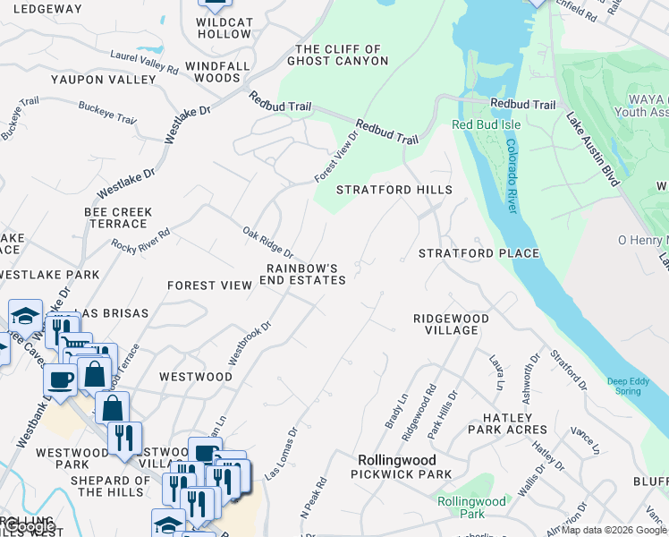 map of restaurants, bars, coffee shops, grocery stores, and more near 104 Birnam Wood Court in Austin