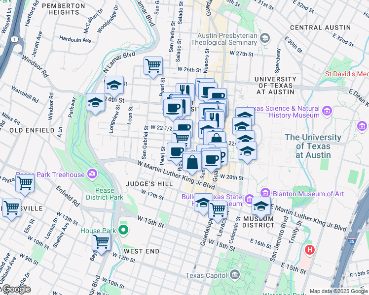 map of restaurants, bars, coffee shops, grocery stores, and more near 506 West 22nd Street in Austin