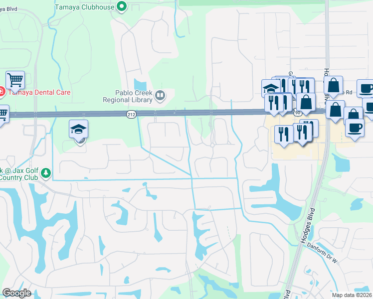 map of restaurants, bars, coffee shops, grocery stores, and more near 13123 Berwickshire Drive in Jacksonville