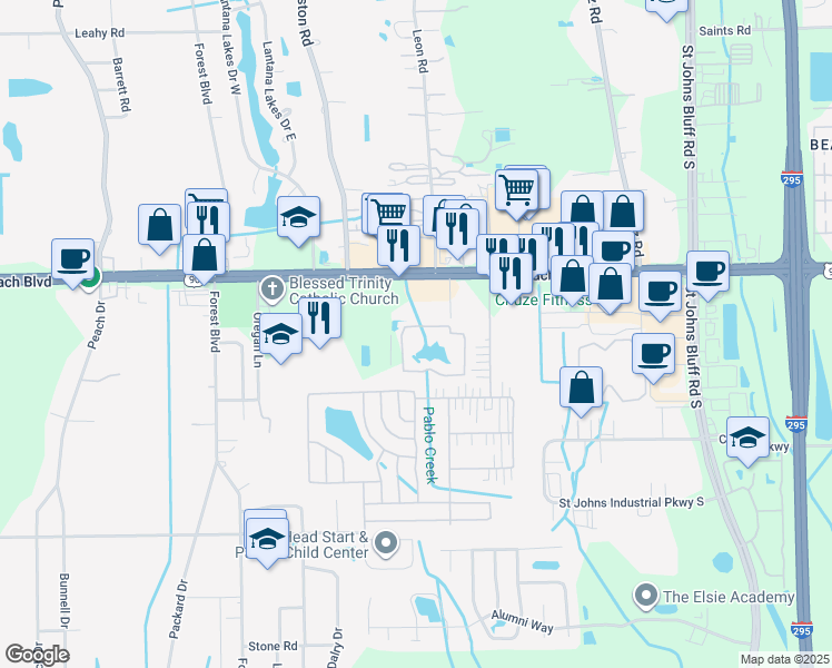 map of restaurants, bars, coffee shops, grocery stores, and more near 3425 Saland Way in Jacksonville